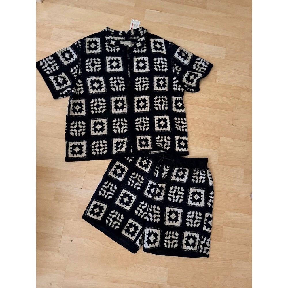Maison Article Granny Square Crochet Knit camp Shirt & Shorts 2 Pc Set L- XL NEW